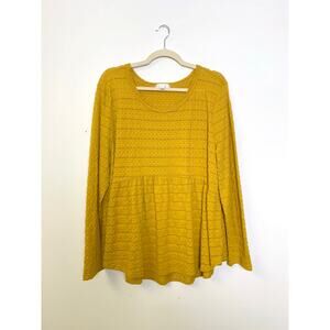 Womens 3XL Mustard Textured Knit Peplum Top Long Sleeve Cotton Blend Casual Boho